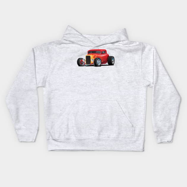 Classic Bold Red Custom Street Rod Car with Yellow and Orange Hotrod Flames Kids Hoodie by hobrath